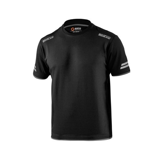 Black and grey Sparco Tech T-Shirt in size L, featuring a crew neck, short sleeves, and silver stripes on the shoulders for a sporty look.