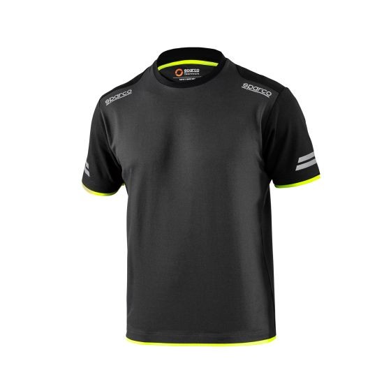 Grey Sparco Tech T-Shirt with fluro yellow accents, featuring a crew neck, short sleeves, and reflective stripes, available in size XXL.