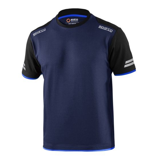 Navy blue Sparco Tech T-Shirt with cyan accents, short black sleeves, and grey stripes on shoulders, made from breathable material, size M.
