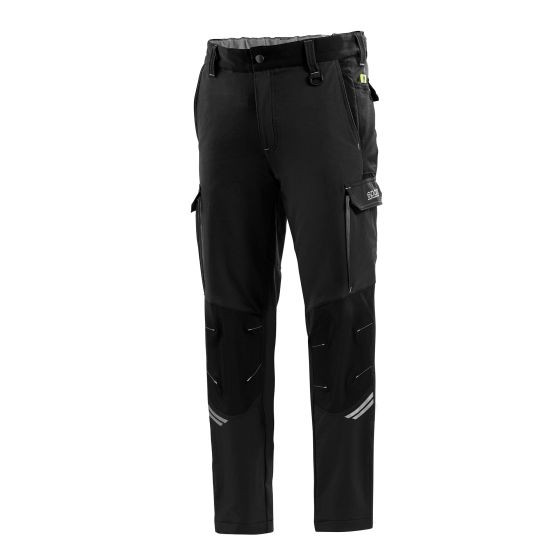 Sparco Tech Trousers in black and grey, size L, featuring cargo pockets, reinforced knee panels, and reflective detailing for enhanced visibility.