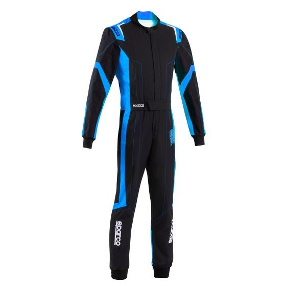 Black and blue Sparco Thunder Advanced Kart Suit in size S, featuring a sleek design with contrasting blue accents, a zippered front, and reinforced stitching for durability.
