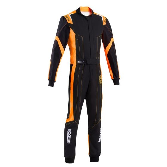 Sparco Thunder Advanced Kart Suit in black with fluro orange accents, featuring a sleek design, zip front, and reinforced stitching, size M.