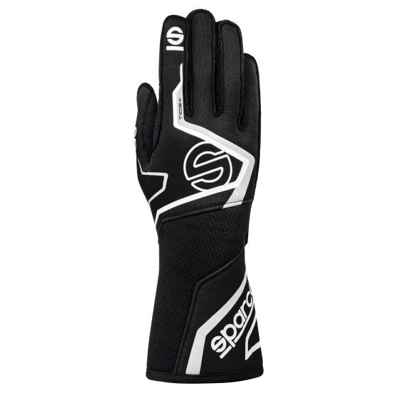 Black and white Sparco Tide + Race Gloves in size S, featuring a sleek design with textured grip areas and reinforced stitching for enhanced durability and performance.