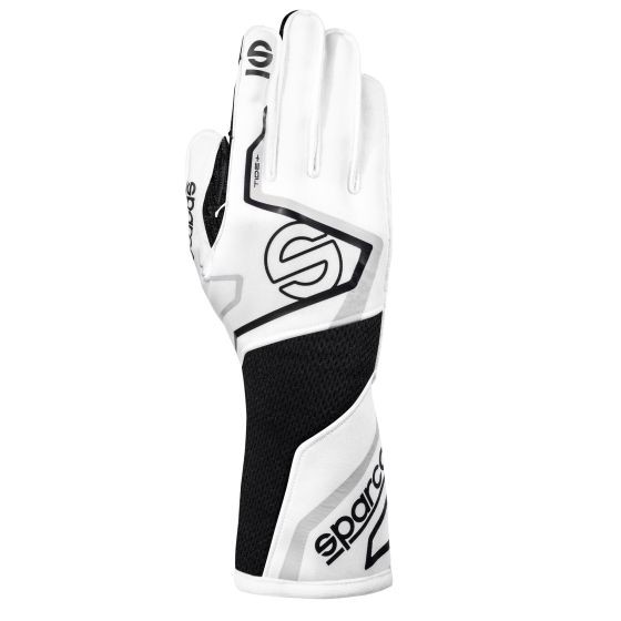 White and black SPARCO TIDE + Auto Racing Glove featuring a sleek design, breathable mesh, and reinforced grip areas for enhanced performance in motorsports.
