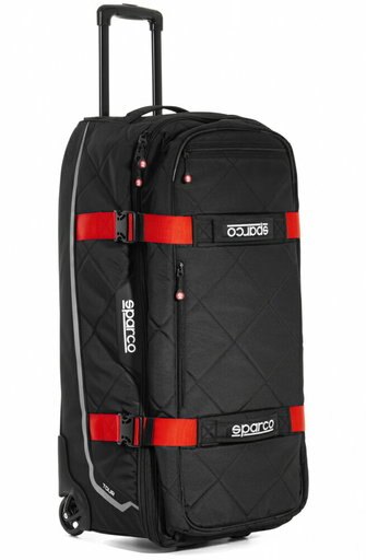 Black and red Sparco Tour Rolling Duffel Bag featuring a quilted design, sturdy wheels, a retractable handle, and adjustable straps for secure closure.