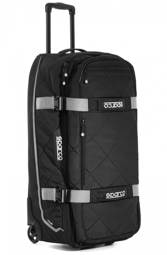 Black and silver Sparco tour bag with a quilted design, sturdy wheels, retractable handle, and adjustable straps for secure storage.