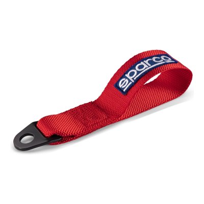 Red tow strap made of durable nylon, featuring a reinforced loop and a blue Sparco logo stitched on the strap.