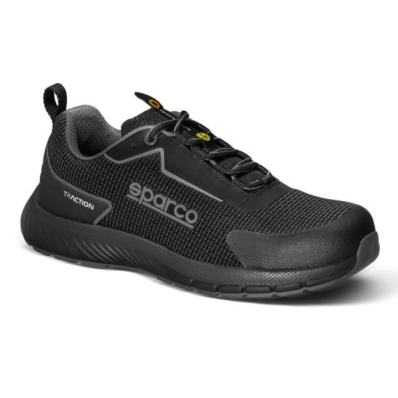 Black Sparco Traction S1PS ESD safety shoes in size UK 6.5 / Eur 40, featuring a textured mesh upper, padded collar, and a durable rubber sole for enhanced grip.