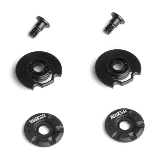 Black Sparco visor pivot kit featuring two circular pivot discs and two screws, designed for compatibility with various Stealth helmet models.