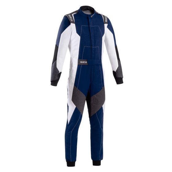 Navy blue and white Sparco X-Light Full Efficiency Race Suit, size 54, featuring a sleek design with contrasting panels and black accents, made from lightweight, breathable material.