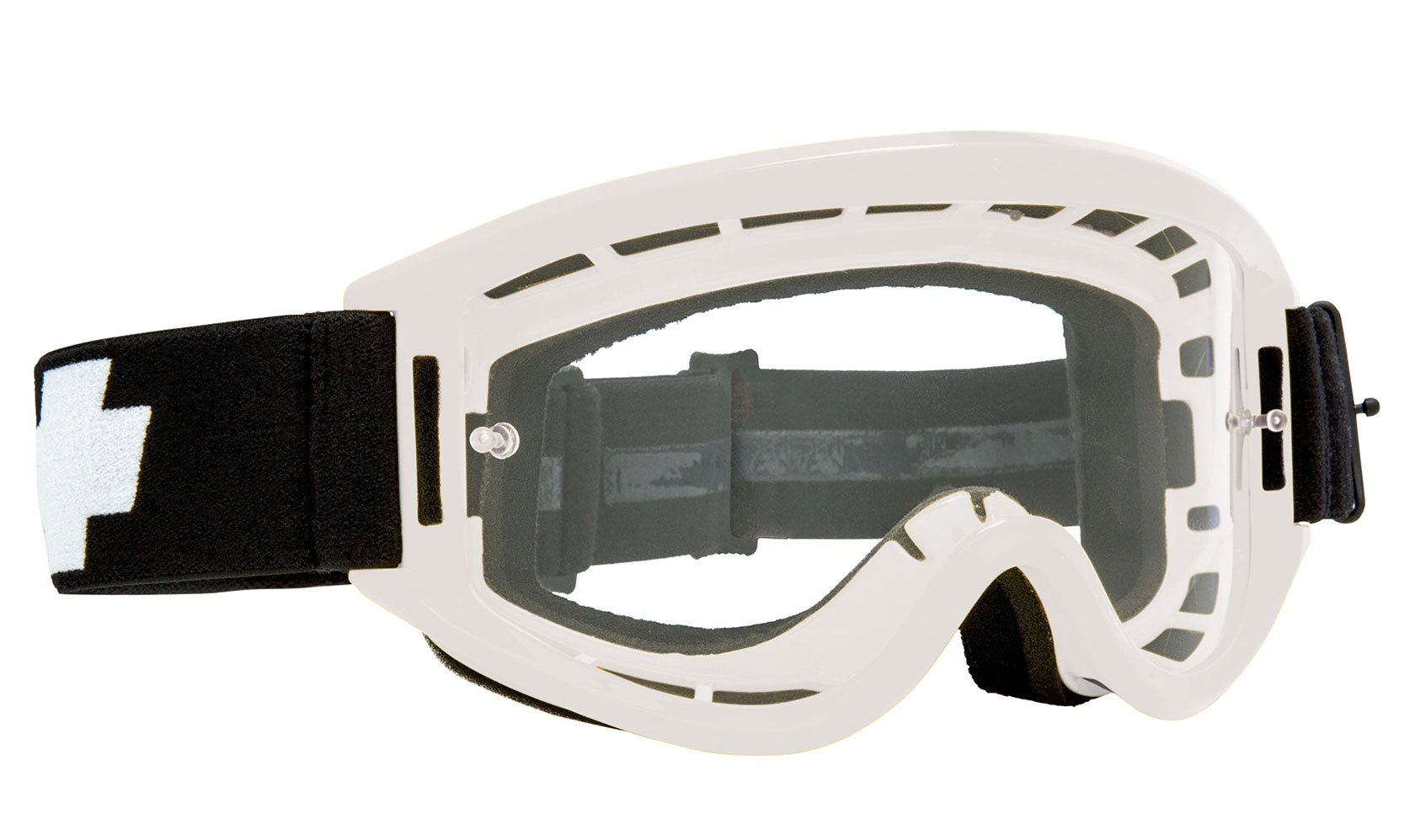 White Spy BREAKAWAY MX men's sunglasses featuring a sleek design, sturdy frame, and adjustable black strap with a white cross pattern for a secure fit.