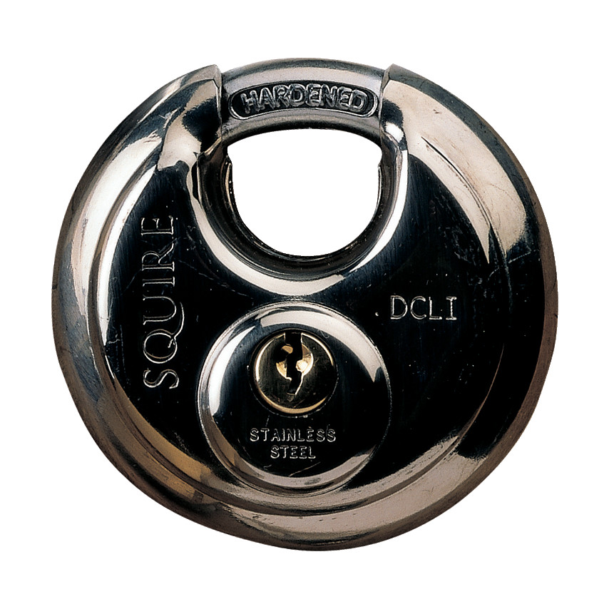 Round, shiny stainless steel disc lock with "SQUIRE" and "DCL1" engraved, featuring a keyhole at the center and a hardened finish for added security.