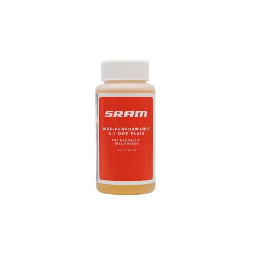SRAM 4oz bottle of high-performance DOT 5.1 hydraulic brake fluid, featuring a white cap and a bright red label with white text, designed for hydraulic disc brakes.