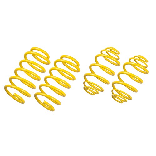 Bright yellow coil springs designed for lowering vehicles, featuring a smooth finish and consistent spiral design, with front springs lowering by 40mm and rear springs by 20mm.