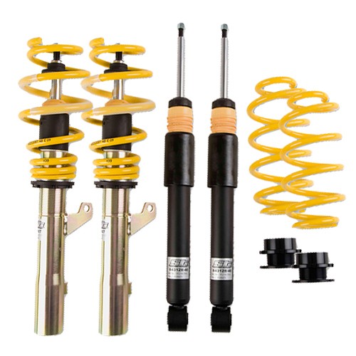 ST Suspension ST X Coilover Kit featuring yellow springs, black shock absorbers, and metal components, designed for adjustable lowering of front 5-30mm and rear 10-35mm.