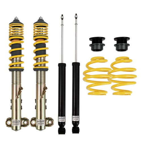 ST Suspension ST XA Coilover Kit featuring yellow coil springs, metallic shock absorbers, and adjustable components for lowering front 25-50mm and rear 30-55mm.