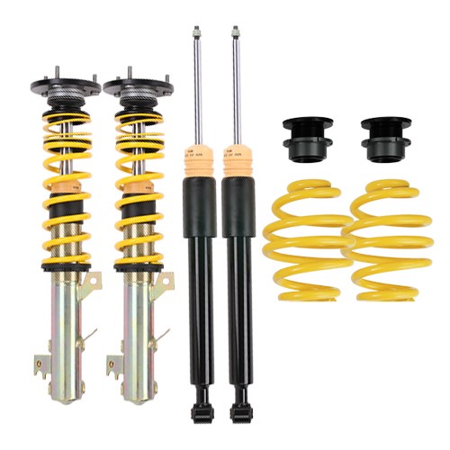 ST Suspension ST XTA Coilover Kit featuring yellow springs, black shock absorbers, and adjustable top mounts, designed to lower front and rear by 35-65mm.