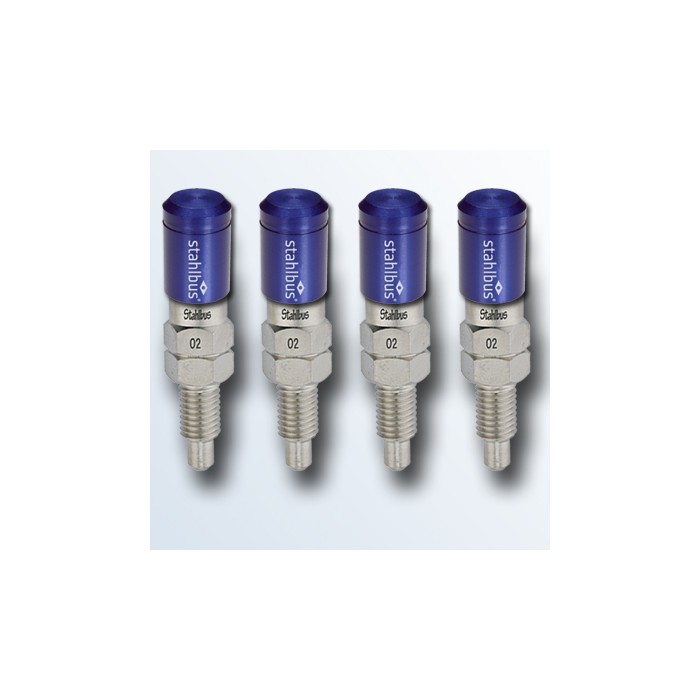 Four Stahlbus Speed Bleeder Valves with blue tops, featuring M7 x 1.00 threads and 16mm thread length, made of metal with a shiny finish.