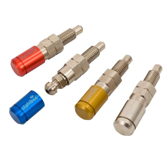 Nickel-plated Stahlbus bleeder valve caps in silver, featuring a sleek design with various colored tops including red, blue, and gold, ideal for automotive applications.