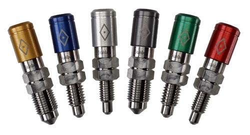Six Stahlbus Speed Bleeder Valves with M8 x 1.0 threads, featuring colored aluminum caps in gold, blue, silver, green, and red, with stainless steel bodies and hexagonal nuts.