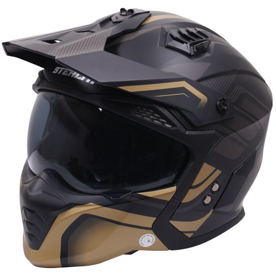 Multi-function convertible helmet in black with matte gold accents, featuring a sleek design, tinted visor, and ventilation ports for enhanced airflow.