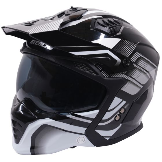 Stealth Fighter multi-function convertible helmet in black and gloss silver, featuring a sleek design, tinted visor, and adjustable vents for enhanced airflow.