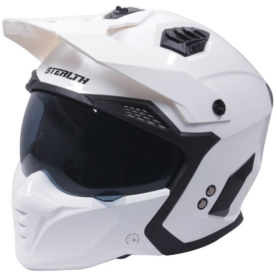 Gloss white multi-function convertible helmet featuring a sleek design, tinted visor, ventilation ports, and adjustable components for versatility.