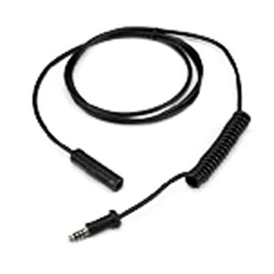 Black 1.5 meter coiled extension cable with a 3.5mm male connector on one end and a female connector on the other, designed for audio devices.