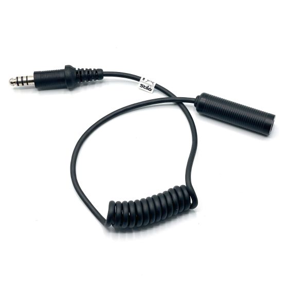 Black 45cm extension cable with a coiled design, featuring a male 3.5mm jack on one end and a female connector on the other, labeled with the Stilo logo.