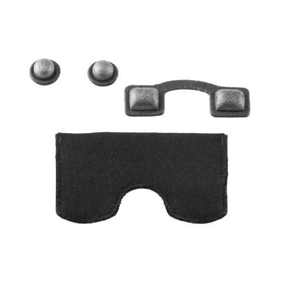 Black fabric breath deflector with two metallic buttons and a connecting piece, designed for the Stilo ST5 helmet to prevent fogging.