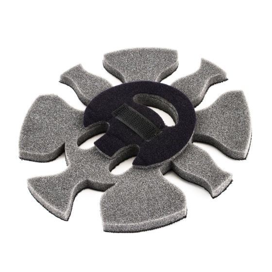 Gray foam crown pad with a central black Velcro strap, designed for ST5 helmets, featuring a flower-like shape with cutouts for comfort and fit.