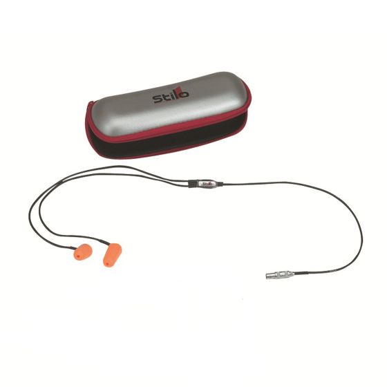 Stilo Ear Plug Kit featuring bright orange silicone earplugs connected by a black cord, housed in a sleek silver and black protective case.