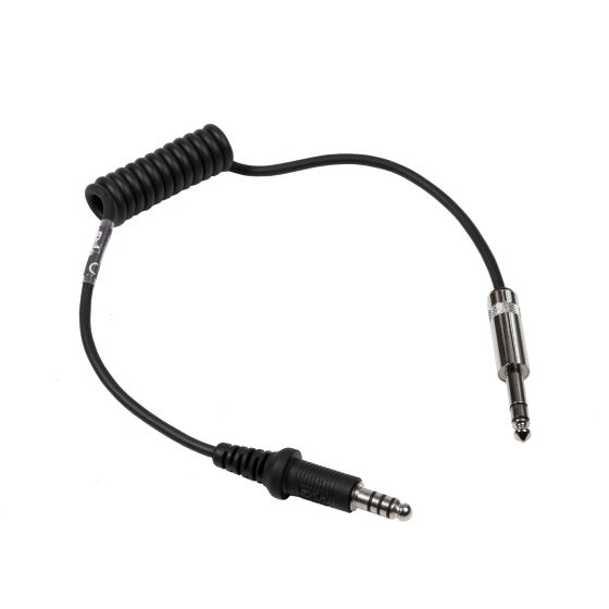 Black coiled adaptor lead with a 3.5mm male connector and a 6.35mm female connector, designed for Stilo helmets and NASCAR radio communication systems.