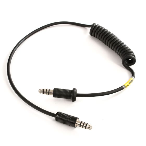 Black coiled adaptor lead with two 3.5mm connectors, designed for Stilo helmets, used for intercom and radio communication.