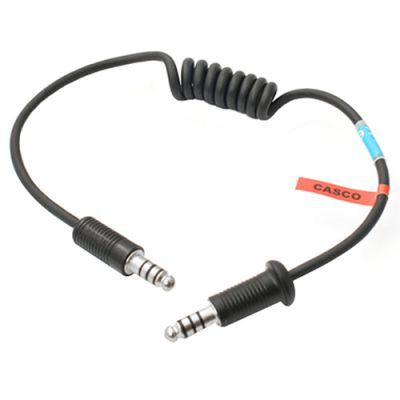 Black coiled adaptor lead with two metal connectors, designed for Stilo helmets to connect to USA Nexus race car communication systems.