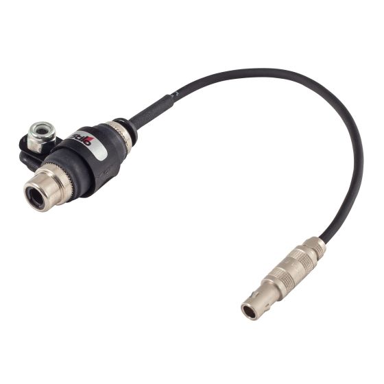 Black RCA male plug adapter lead with a flexible cable, featuring a sturdy connector and a silver metal end, designed for Stilo helmets and intercom systems.
