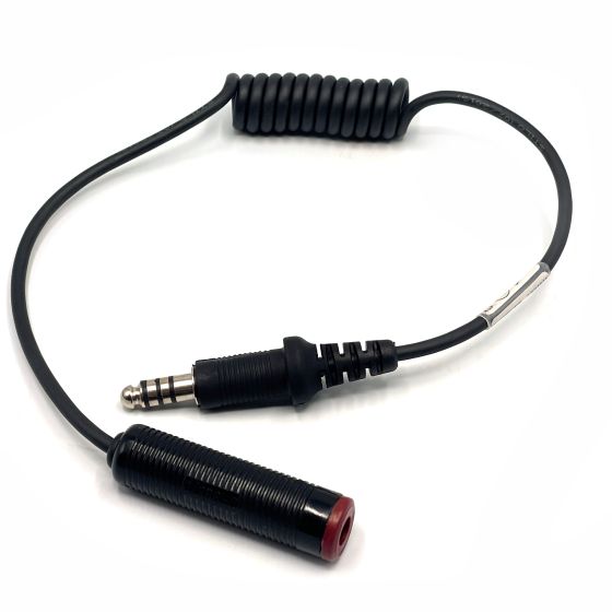 Black coiled adaptor lead with a straight connector and a red button, designed for Stilo helmets, facilitating intercom and radio communication.