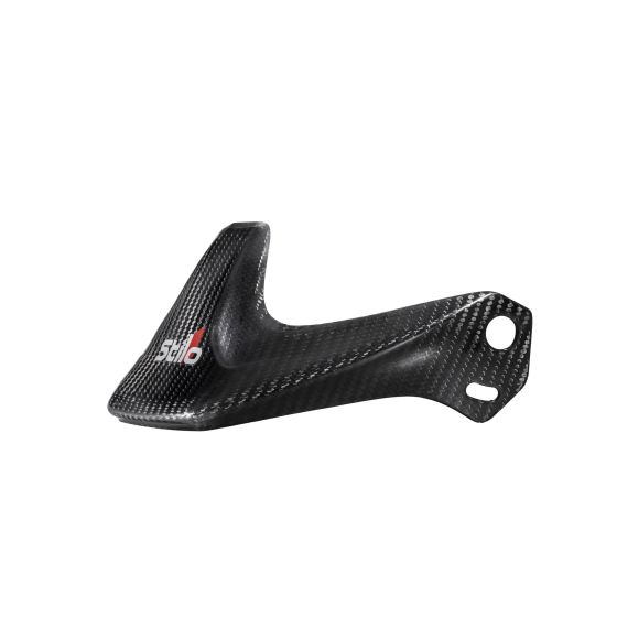Carbon fiber replacement peak for Stilo helmets, featuring a sleek design with a textured finish and a prominent Stilo logo, designed for WRX Raid and Dirt models.