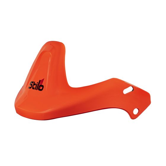 Bright orange Stilo helmet replacement peak made of durable plastic, featuring a sleek design and the Stilo logo prominently displayed in black.