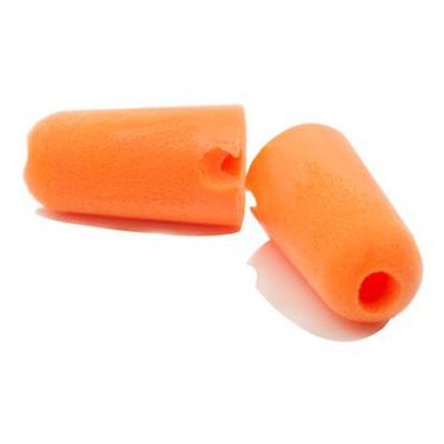 Two bright orange foam ear plugs with a tapered design and a central hole, ideal for noise reduction and comfort.