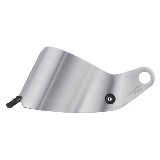 Silver replacement visor for Stilo ST6 FN ABP helmets, featuring a sleek, curved design with a mounting hole and anti-scratch coating for durability.