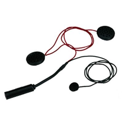 Stilo Replacement WRC Intercom Kit features two round black speakers with red wires, a black microphone with a flexible arm, and a connector for full face helmets.