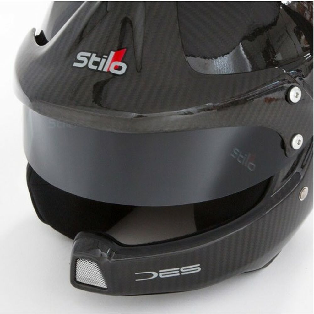 Short smoke visor for Stilo WRC DES, Trophy DES, and Venti/Venti4 helmets, featuring a sleek carbon fiber texture and Stilo logo on the front.
