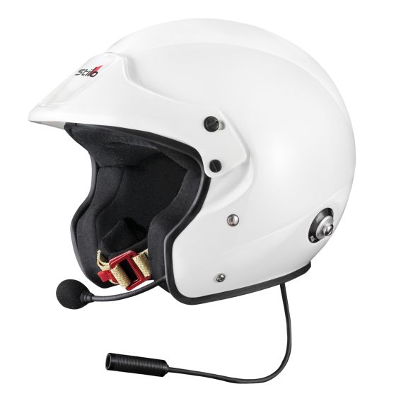 White Stilo Sport Plus Rally Helmet with a sleek design, featuring a padded interior, red and gold straps, and a built-in microphone for communication, size M (57cm).