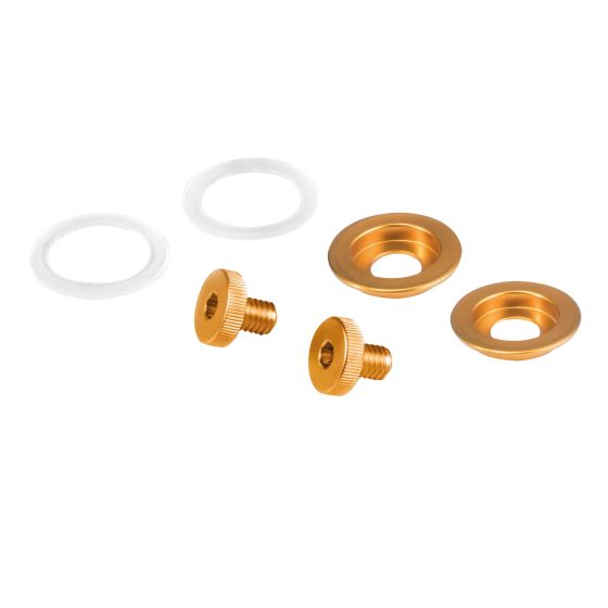 Gold Stilo ST5 helmet peak screw kit featuring two gold screws with textured heads, two gold washers, and two white rubber O-rings for secure attachment.