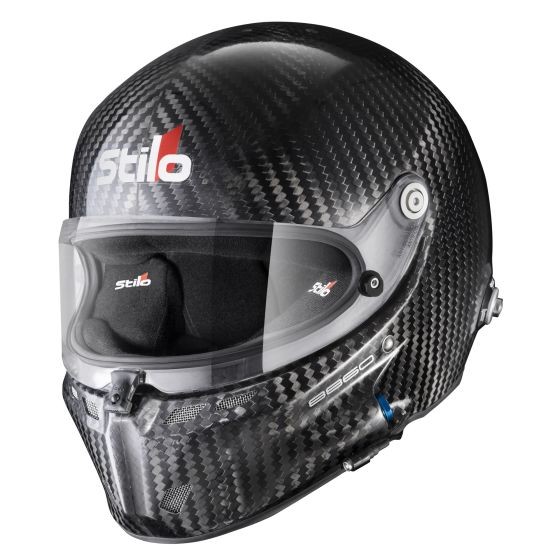 Carbon fiber racing helmet in black with a clear visor, featuring the Stilo logo in red, designed for size M (57cm) with ventilation and a sleek aerodynamic shape.