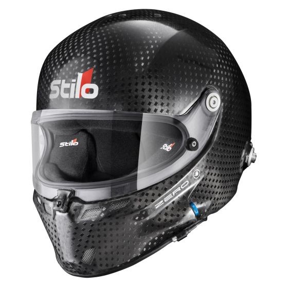 Black carbon helmet with a sleek design, featuring a clear visor, Stilo branding, and ventilation ports, sized L (58cm) for optimal fit and safety.