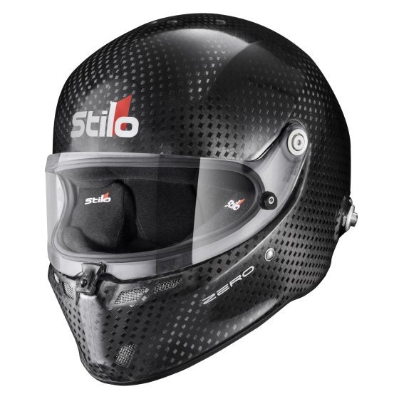 Stilo ST6 FN Zero Carbon Helmet in sleek black carbon fiber with a clear visor, featuring ventilation openings and the Stilo logo prominently displayed. Size L (59cm).