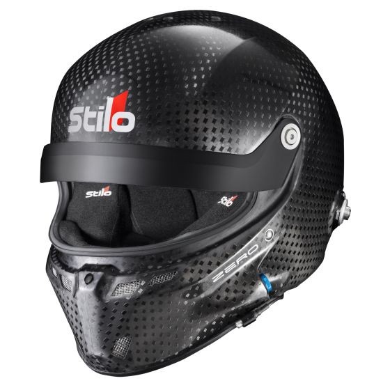 Black carbon helmet with a glossy finish, featuring a sleek design, Stilo logo, integrated visor, and ventilation holes, size S (56cm).