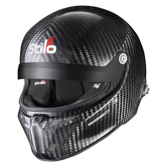 Black carbon fiber racing helmet with a glossy finish, featuring a large visor, Stilo logo, and ventilation ports, designed for safety and performance, size S (55cm).